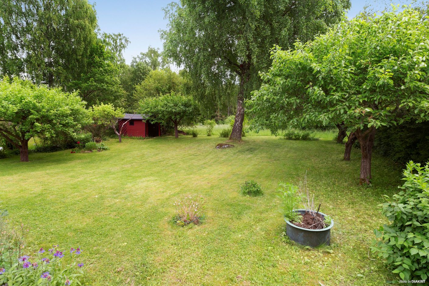 Vy från altanen, ut över trädgården och mot allmänning