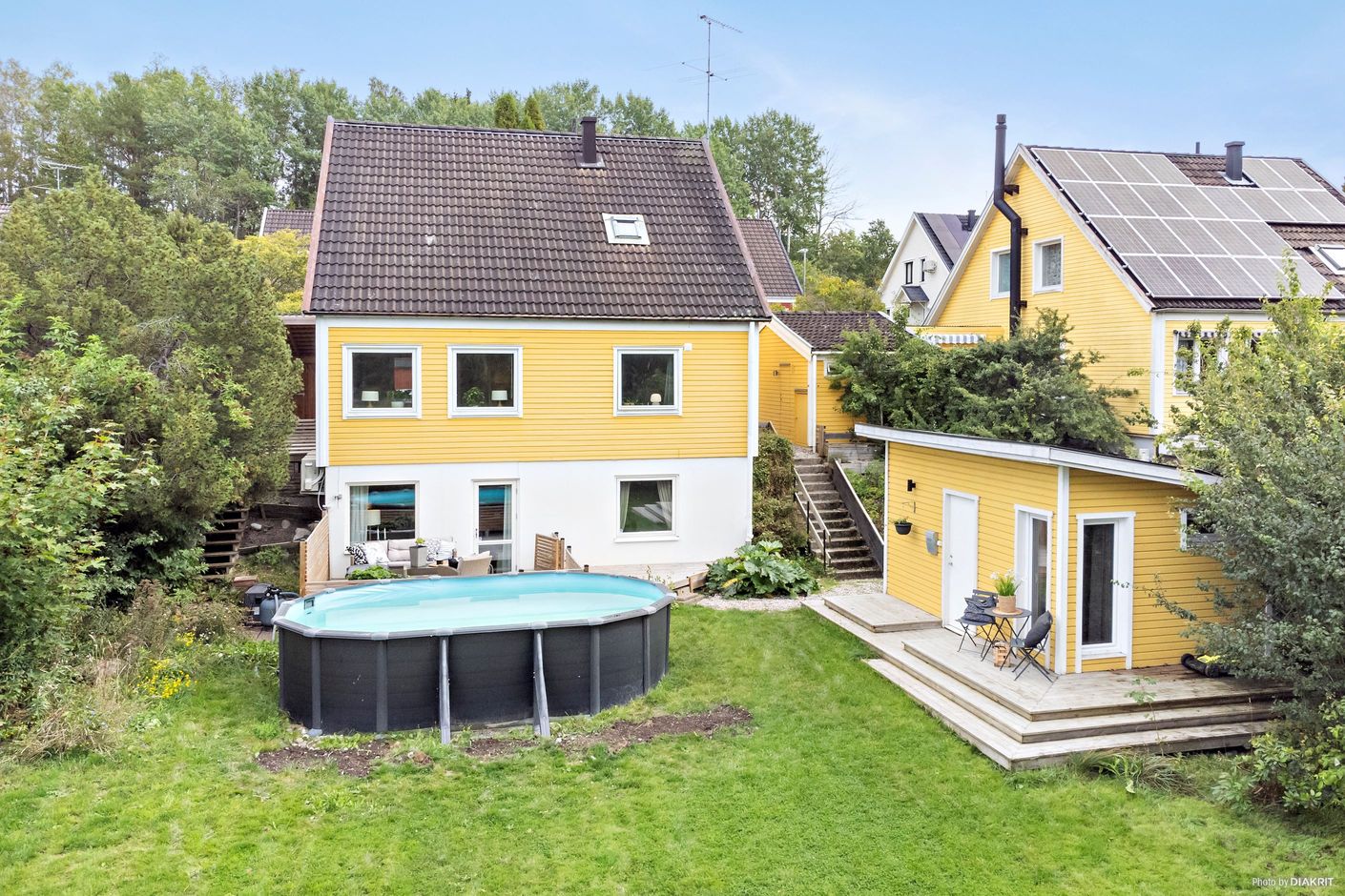 Fasadbild från baksidan av huset med plan trädgårdstomt och Attefallshus