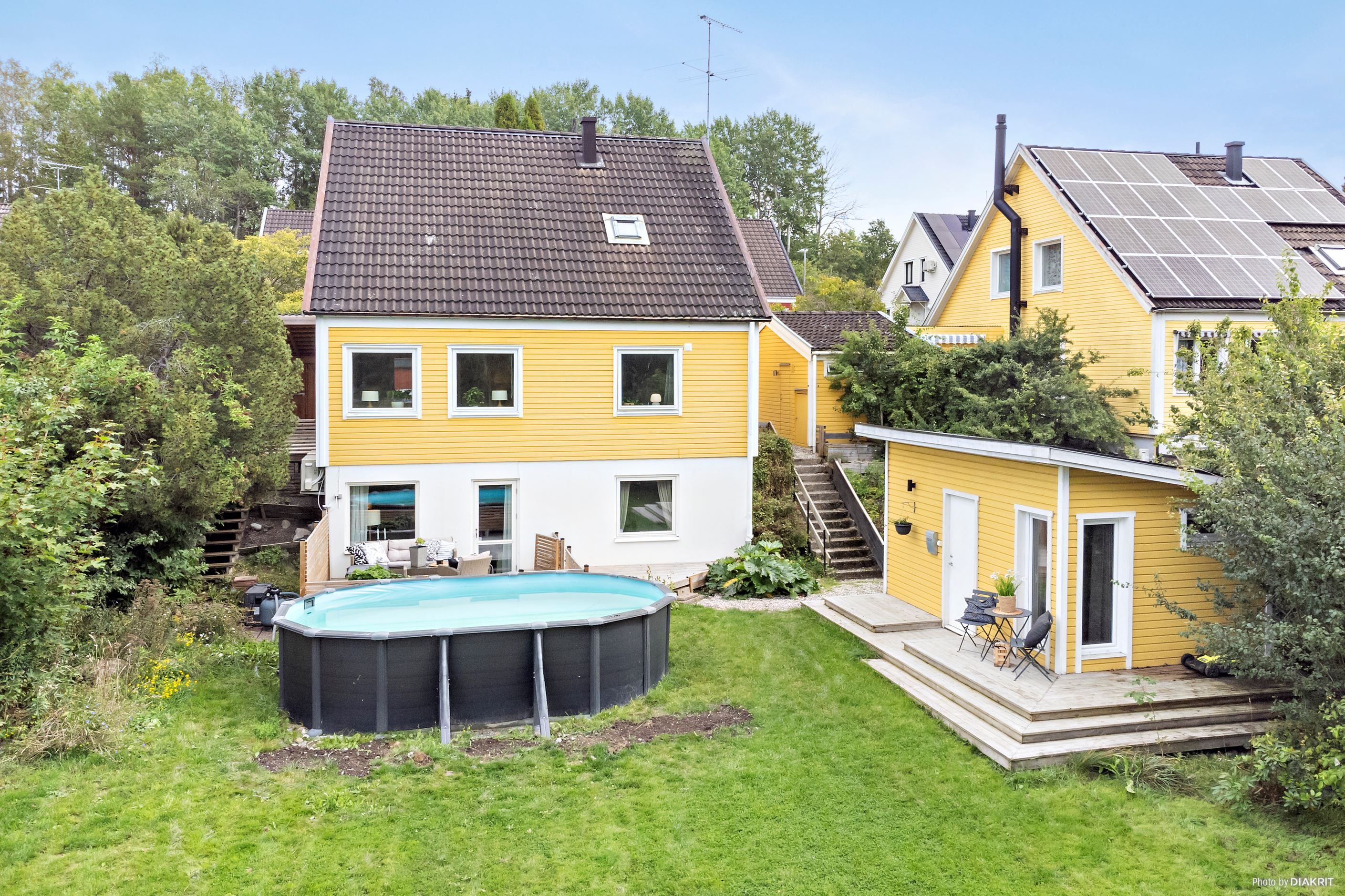 Fasadbild från baksidan av huset med plan trädgårdstomt och Attefallshus