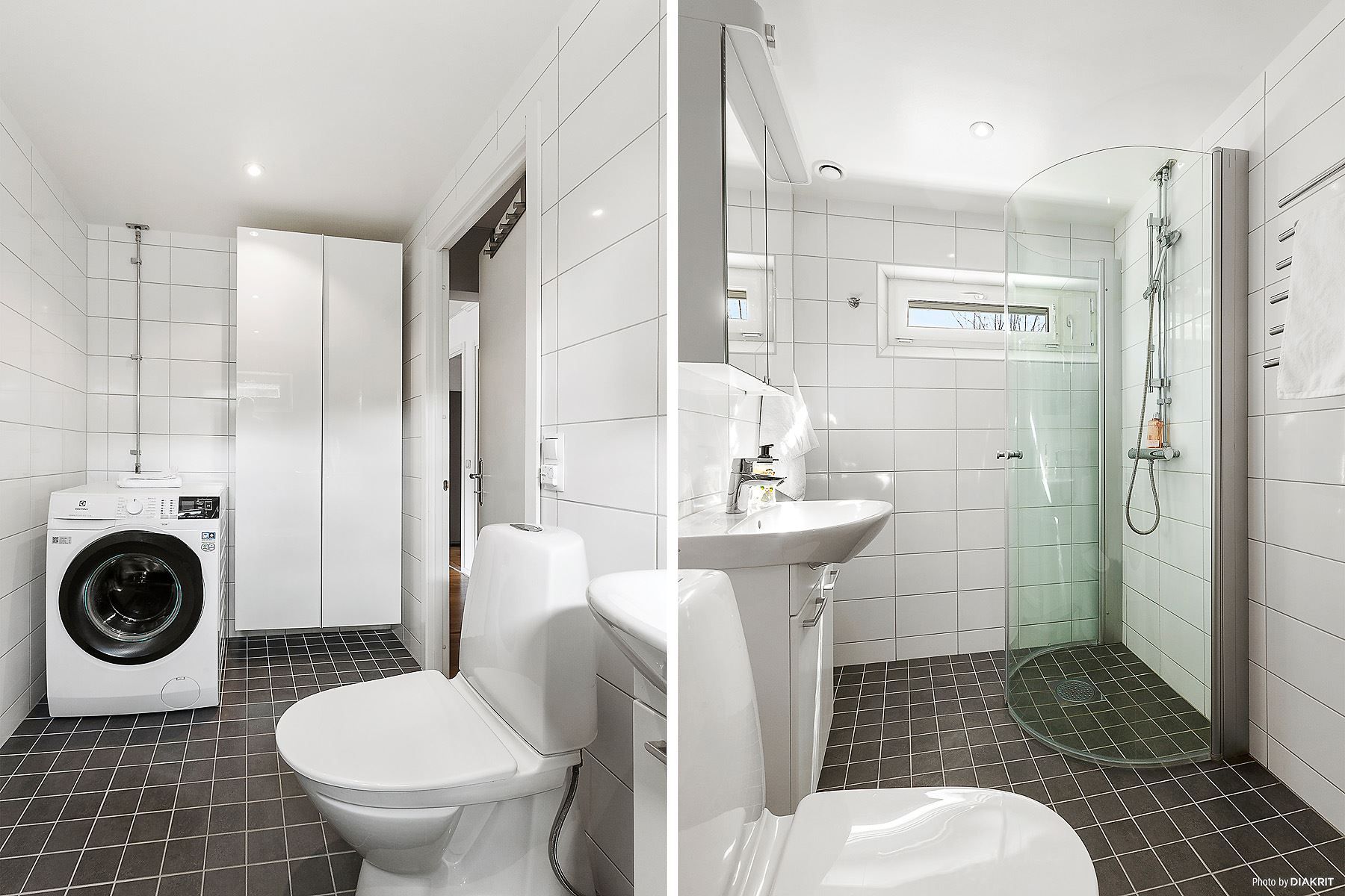Stambytt och helkaklat WC-/duschrum med tvättmaskin
