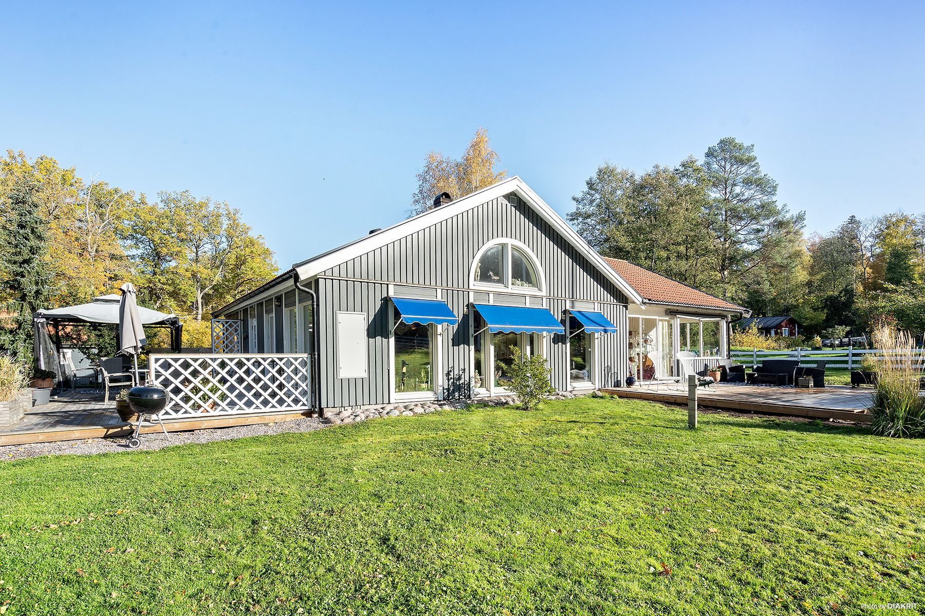 Fasadbild från baksidan med stora gräsytor och trädgård