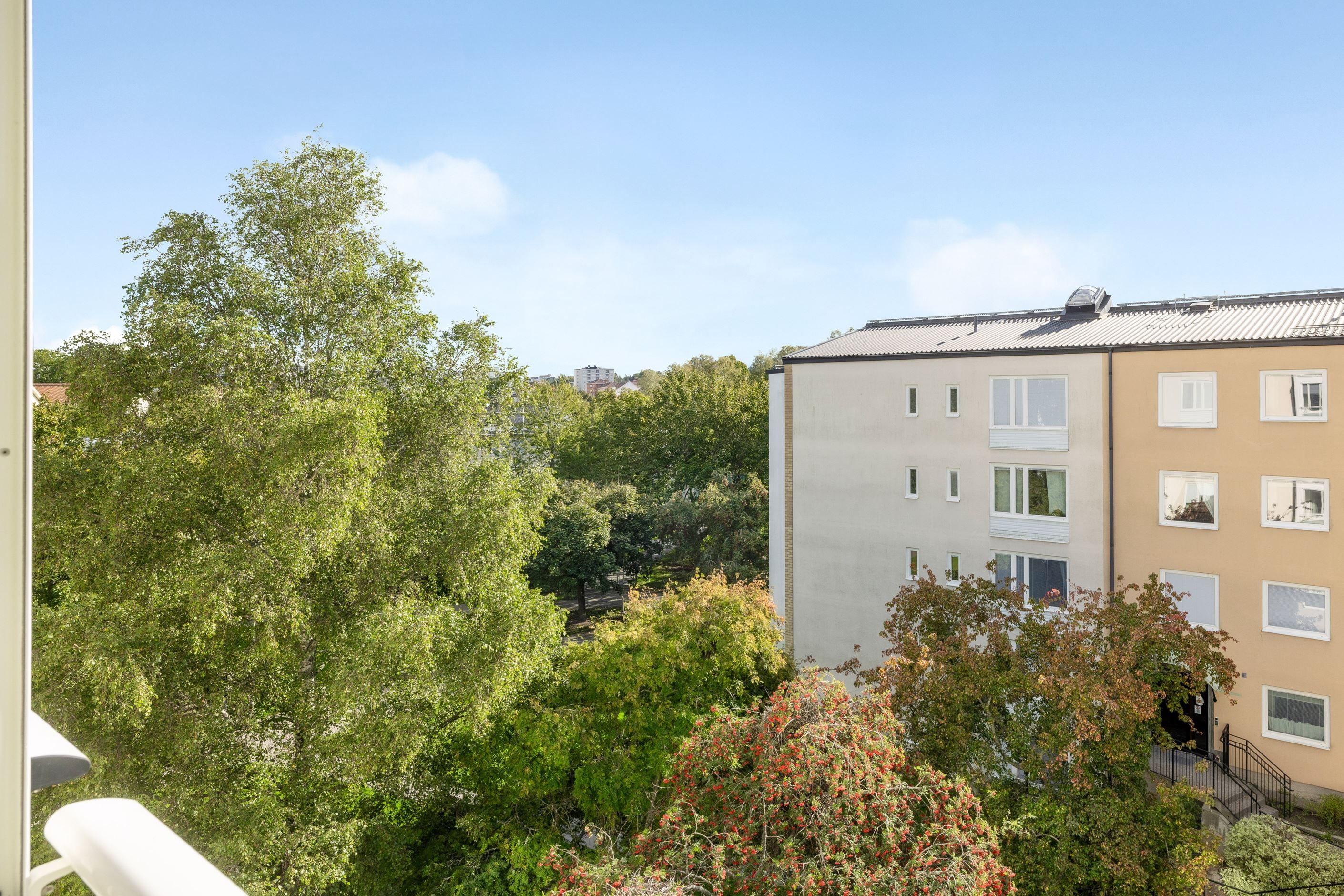 Utsikt från balkongen mot grönska.