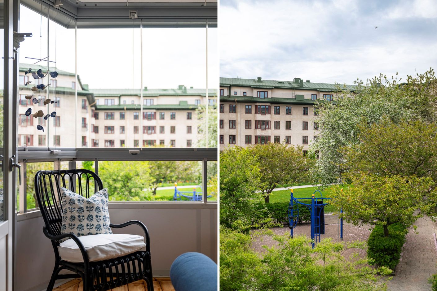 Balkong mot grönskande gård