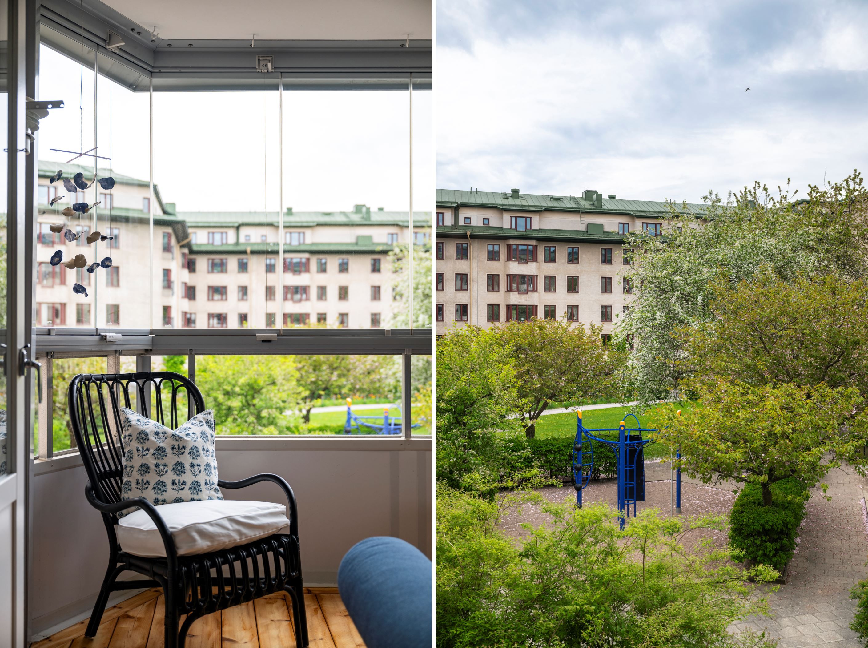 Balkong mot grönskande gård