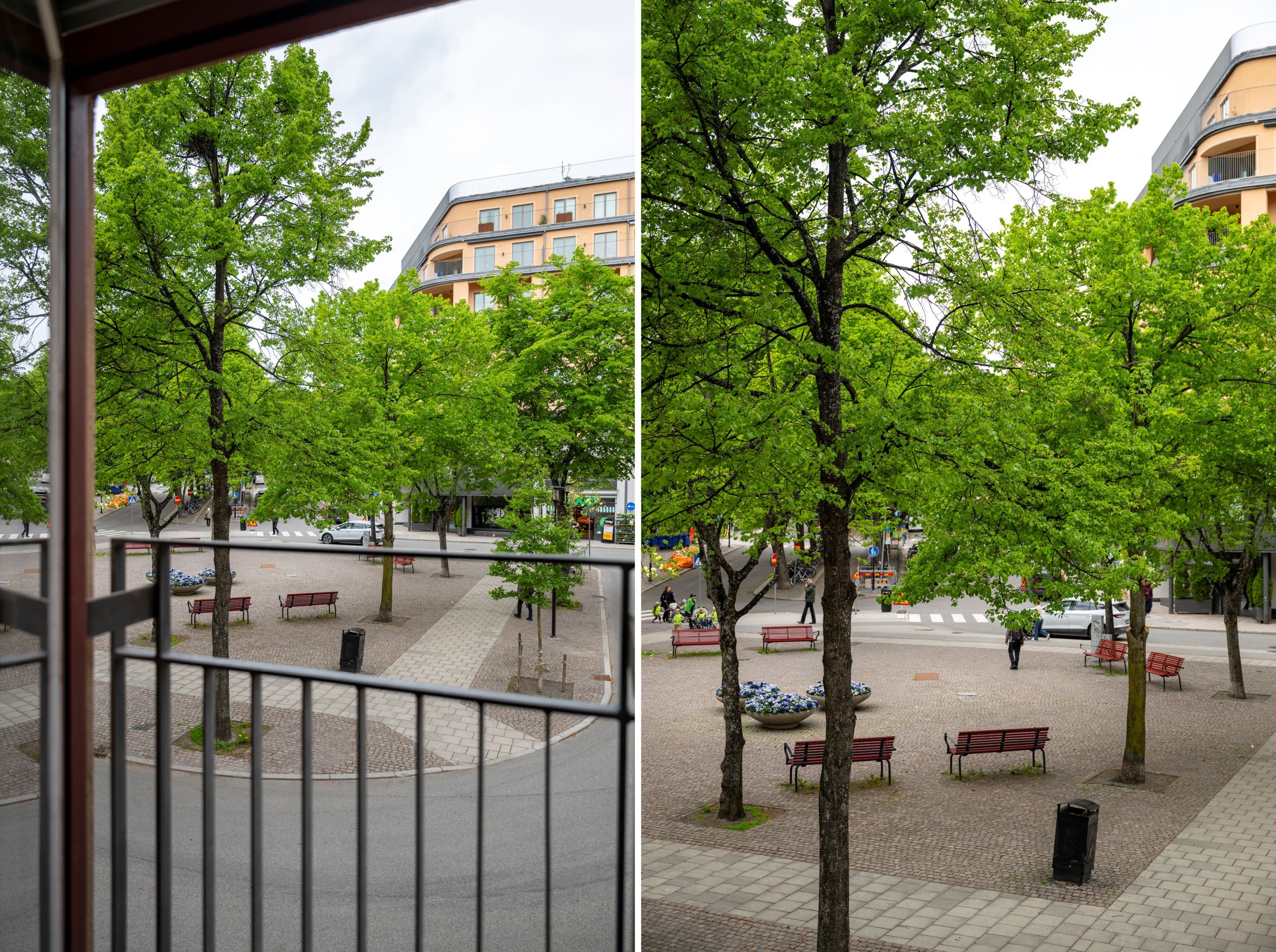 Fransk balkong i sovrum 1 med utsikt över torget