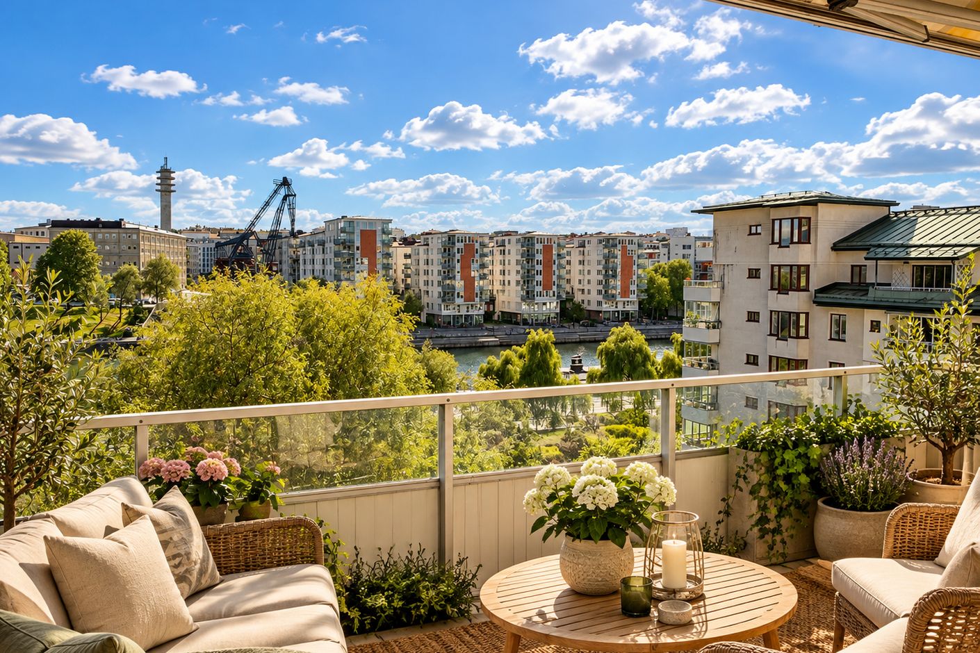 Balkongutsikt över park och sjö