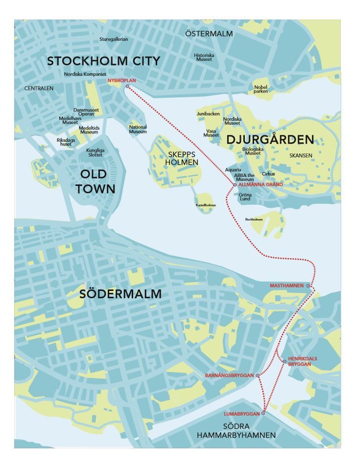 Ruttkarta båten Emelie som sjövägen tar dig till city