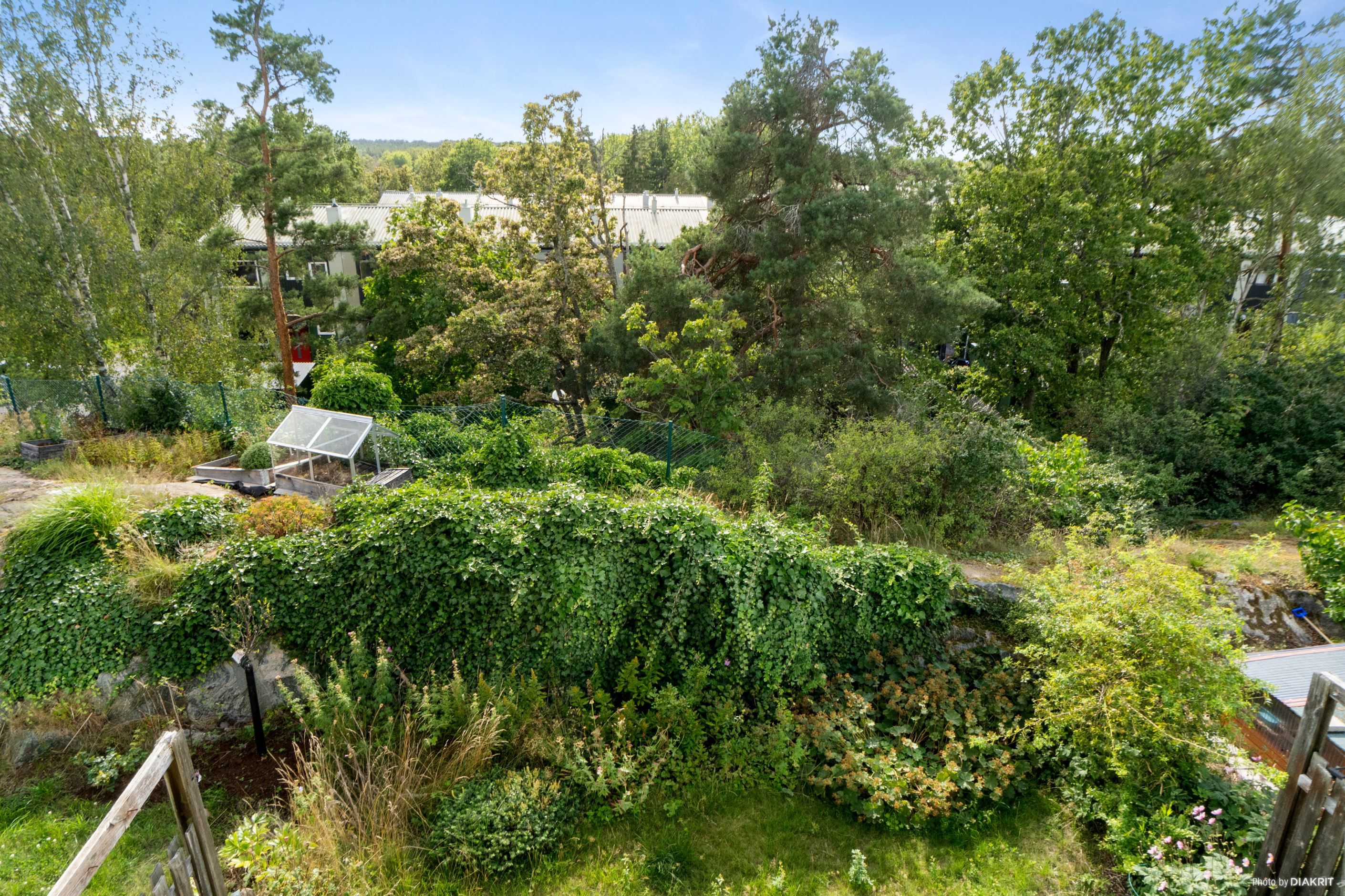 Bild tagen uppifrån övre plan ut över trädgården på baksidan och området