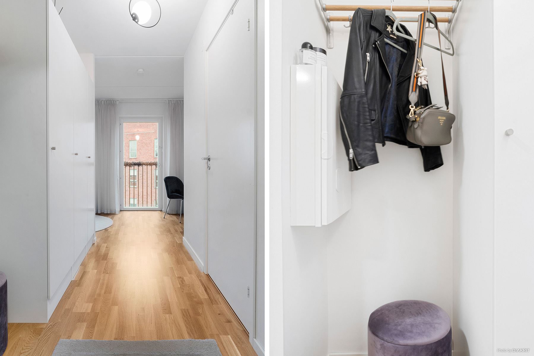Ljus hall med plats för avhängning av ytterkläder på hatthylla och förvaring i garderober