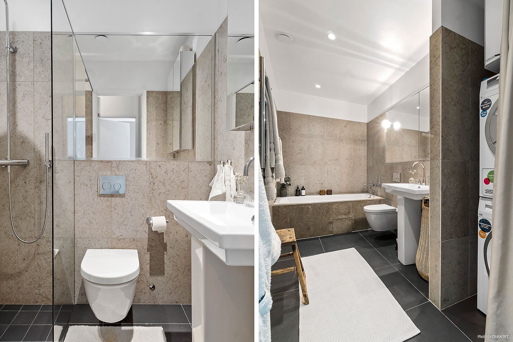 Rymligt badrum med badkar och tvättpelare