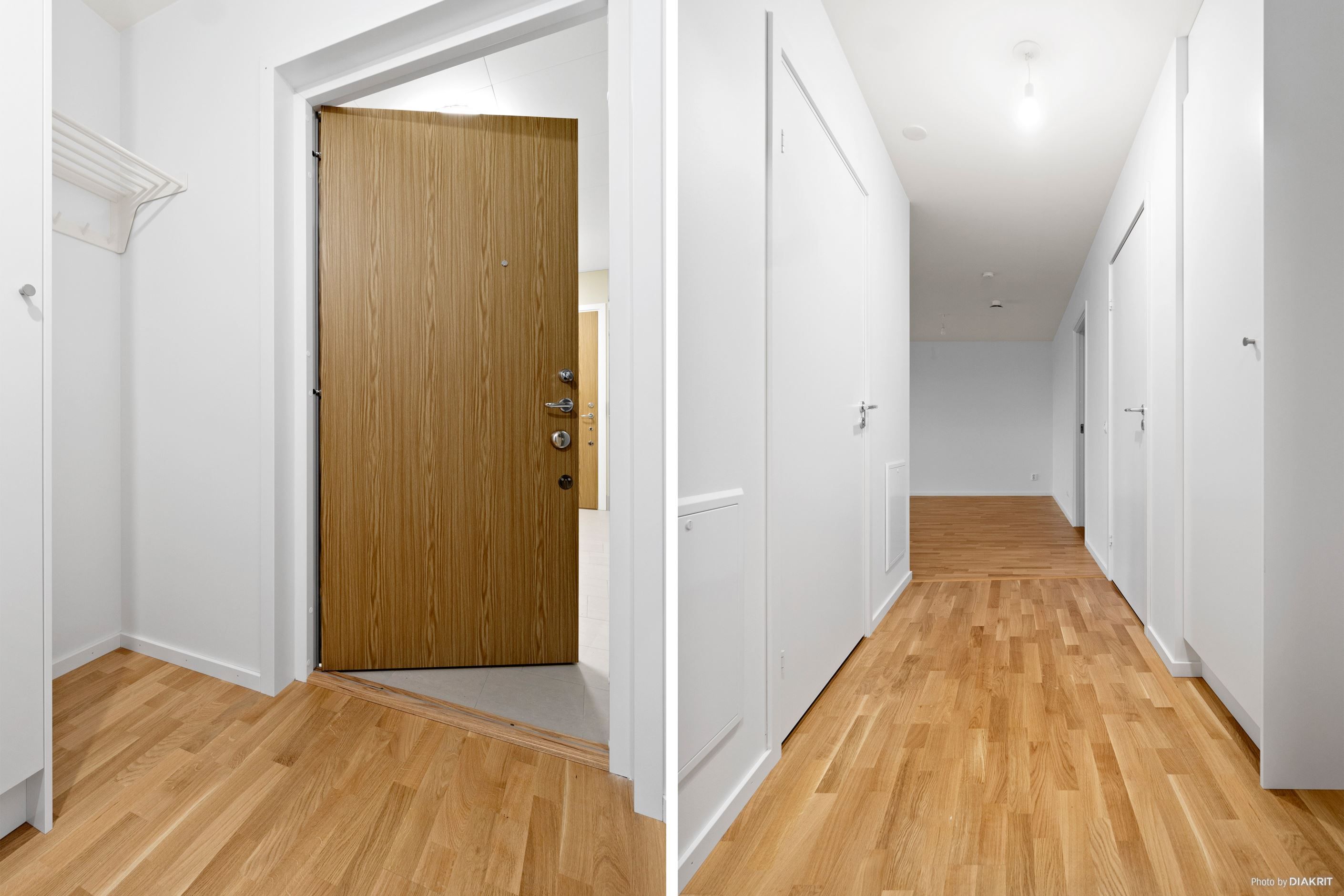 Hall med plats för avhängning av ytterkläder och förvaring i garderob. Ingång till förråd.